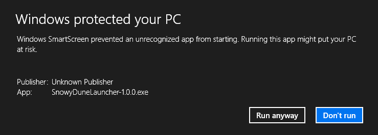 Windows SmartScreen prompt, run anyway button