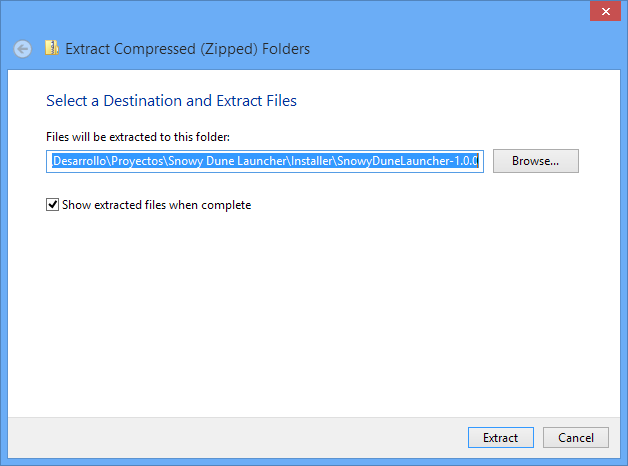 Select a destination and extract files window